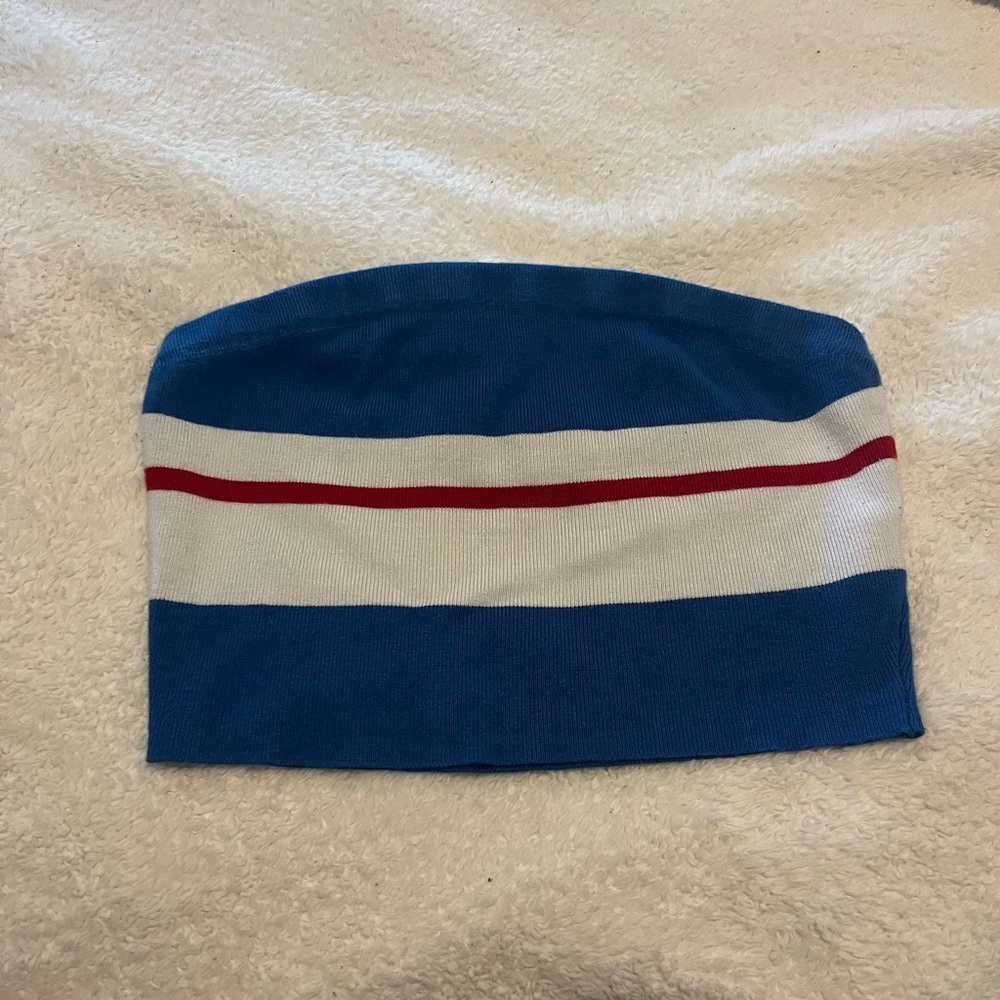 Blue and White Tube Top with Red Stripe